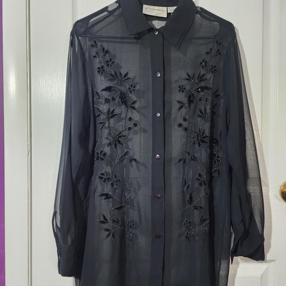 Vintage Sheer Black Floral Button Up Top